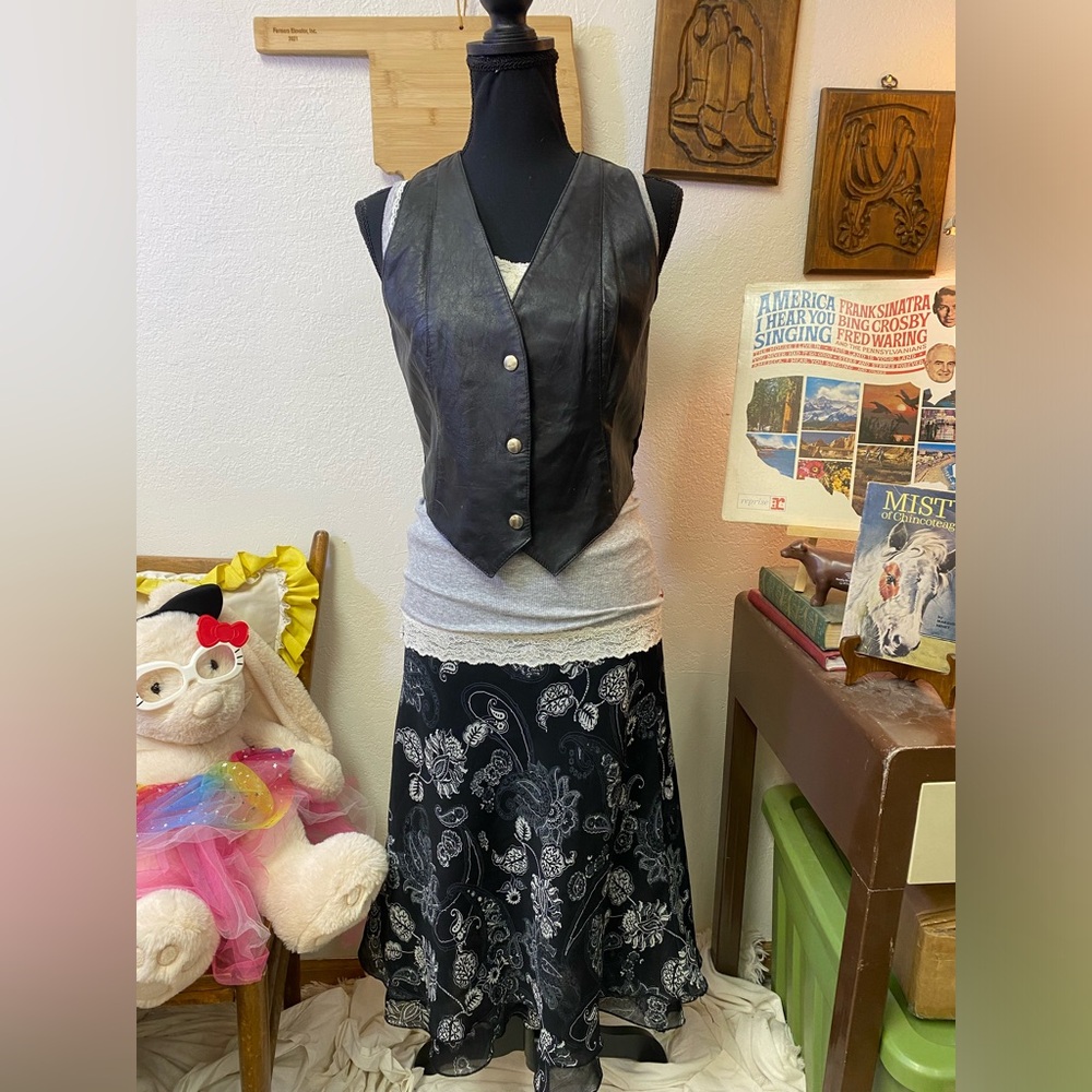 Fairy Grunge Curated Outfit Y2K Paisley Skirt Lace Trim Cami + Leather Vest S/M